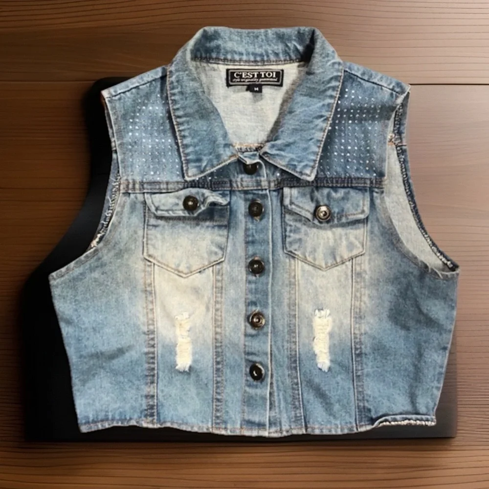 Light Blue Destroyed Cropped Jean Vest Top